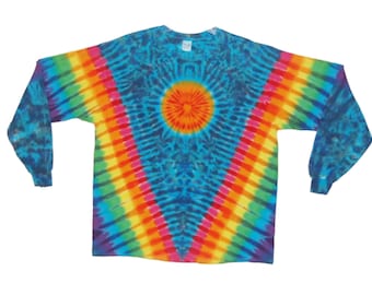 Tie Dye Shirt Psychedelic Sun Rainbow V Blue Blotter Scrunch Long Sleeve handmade Adult T-Shirt small medium large XL 2X 3X 4X 5X 6X L/S