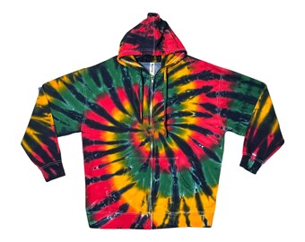 Tie Dye Zip sudadera con capucha psicodélico Rasta espiral remolino hecho a mano cremallera sudadera con capucha pequeña mediana grande XL 2X 3X rojo oro verde negro