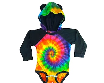 TIE DYE Dancing Bear Bodysuit Rainbow Pinwheel Spiral Swirl Romper Creeper NB 6 12 18 Months handmade outfit costume handmade shower gift