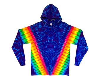 Chemise à capuche tie-dye manches longues arc-en-ciel psychédélique V Lapis bleu buvard Scrunch T-shirt adulte à capuche fait main petit moyen grand XL 2X 3X