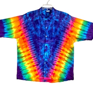 Tie Dye Button Down Dress Shirt Psychedelic Rainbow Pinwheel V & Lapis art Small Medium Large XL 2X island beach Maui Hawaiian handmade art
