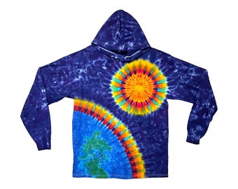 Sweat à capuche tie-dye | Psychédélique arc-en-ciel Terre Soleil Espace | T-shirt à capuche et manches longues | Fait main | petite moyenne grande XL 2X 3X