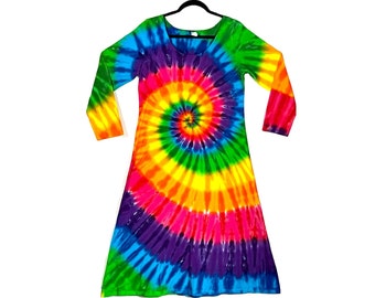 TIE DYE Dress Large Ready to Ship Rainbow Pinwheel Spiral Swirl Women's L Long Sleeve midi Dress hippie handmade psychedelic hand dyed