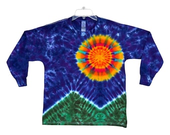 TIE DYE Kinder Langarm Shirt | Sonne Berge Natur | Jugendgrößen 2-4 XS 6-8 Small 10-12 Med 14-16 Large | handgefertigte Kinderkleidung