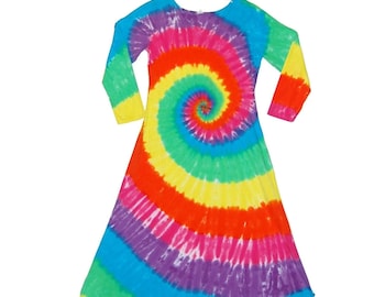 Neon Rainbow Spiral Tie Dye Dress: Long Sleeve Cotton Maxi