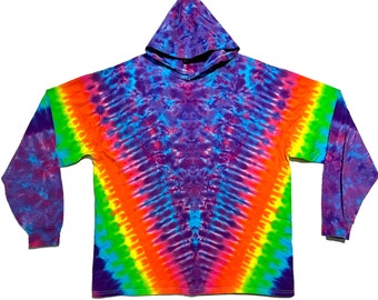 Chemise à capuche tie-dye néon psychédélique arc-en-ciel V buvard à capuche manches longues T-shirt adulte fait main petit moyen grand XL 2 X 3 X art teint à la main