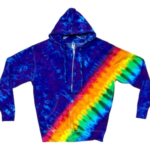 Tie Dye Zip Hoodie Sweatshirt | Large | Rainbow Pinwheel / Lapis Blue Blotter Scrunch | Zipper hooded fleece | Handmade | Ready to Ship