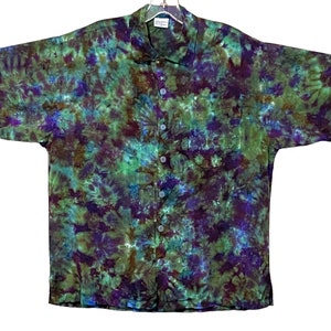 タイダイボタンダウンシャツ オリーブブロッター S M L XL 2X ハンドメイドドレスシャツ レーヨン バリ島 ビーチウェア サイケデリックサーカスアート