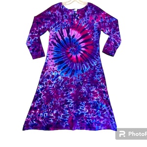 Tie Dye Dress long sleeve Women&#39;s Psychedelic Purple Spiral Blotter Scrunch Tye Dye Midi Maxi Dress handmade hippie boho sm med lg xl 2X 3X