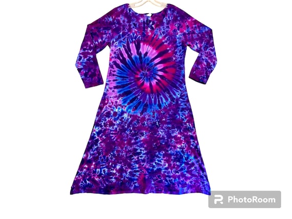knee length dresses for ladies Purple Tie Dye Print High Neck Long Sleeve Ruched Midi Dress – AX Paris US main image 1