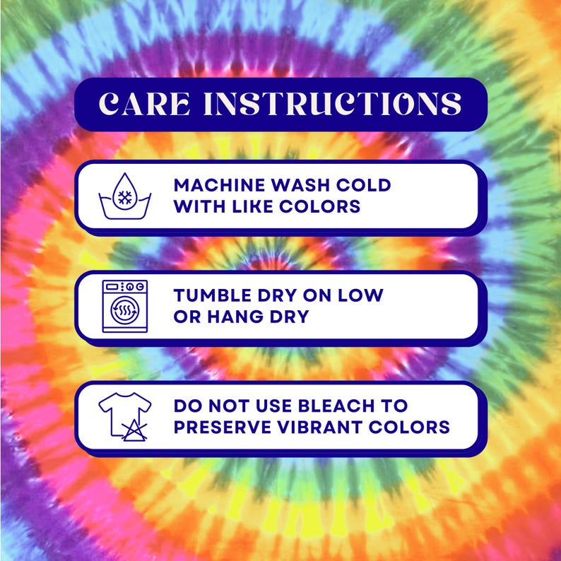 Pu&ograve; includere: Istruzioni per la cura di una maglietta tie-dye. Lavare in lavatrice a freddo con colori simili, asciugare in asciugatrice a bassa temperatura o appendere ad asciugare, non usare candeggina per preservare i colori vivaci.