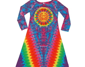 TIE DYE Dress Long Sleeve Women's Psychedelic Neon Rainbow V Sun Blotter Tye Dye Midi Maxi Dress hippie handmade art