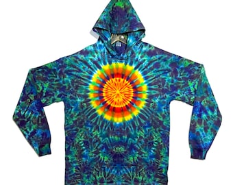 Chemise à capuche tie-dye psychédélique arc-en-ciel soleil buvard à capuche à manches longues T-shirt adulte fait main petit moyen grand XL 2X 3X L/S teint à la main