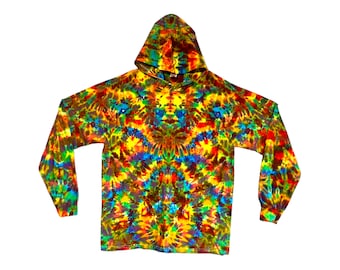 May include: A long-sleeved hoodie with a vibrant tie-dye pattern. The colors include yellow, red, blue, and brown, creating a psychedelic effect. The hoodie has a hood and long sleeves.