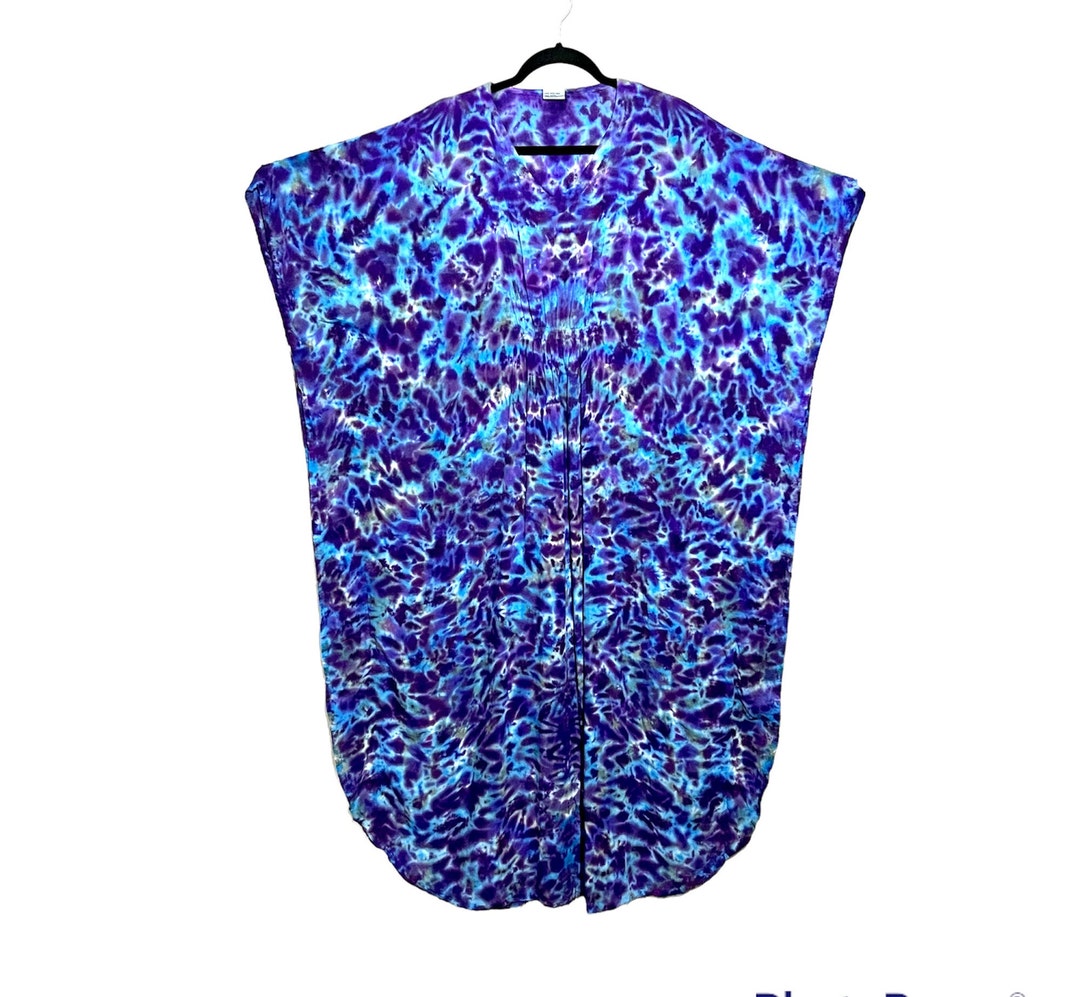 Tie Dye Caftan Maxi Dress Women's Purple Blue Gemmy Blotter Scrunch ...