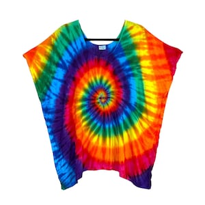 Tie Dye Poncho | Rainbow Pinwheel Spiral | Handmade Unisex Tunic | Hand Dyed Mini Caftan | Regular & Plus Sizing | Lightweight Rayon