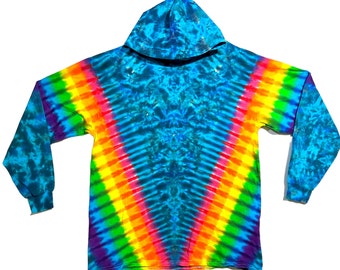 Tie Dye Felpa con cappuccio Camicia Manica lunga Psichedelico Arcobaleno V Blu Luna Blotter Scrunch T-shirt per adulti fatta a mano con cappuccio piccolo medio grande XL 2X 3X