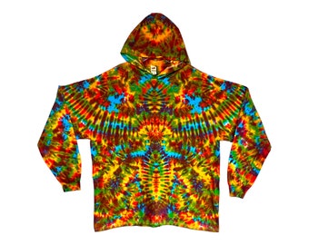 May include: A colorful tie-dye hoodie with a hood and long sleeves. The pattern features swirls of red, yellow, blue, and brown. The hoodie is made of a soft material and is suitable for casual wear.