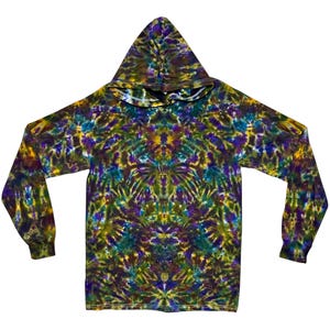 May include: A long-sleeved hooded sweatshirt with a tie-dye pattern in shades of green, purple, blue, and yellow.