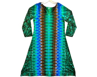 Vestido tie-dye de manga larga para mujer, verde psicodélico, ADN, panal, vestido midi maxi tie-dye, hecho a mano, arte hippie, boho chic