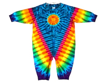 TIE DYE Baby pagliaccetto arcobaleno girandola sole manica lunga pagliaccetto taglie infantili 6 12 18 24 mesi vestito fatto a mano hippie boho doccia regalo fatto a mano