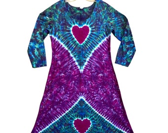 TIE DYE Dress long sleeve Women's Psychedelic Purple Heart V Blotter Tye Dye Midi Maxi Dress handmade Love hippie boho sm med lg xl 2X 3X