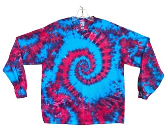 Camisa teñida / Secante en espiral azul turquesa rosa fuerte / Camiseta de manga larga hecha a mano / pequeña, mediana, grande, XL 2X 3X 4X 5X 6X / Psicodélica