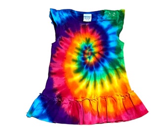 Vestido para bebé TIE DYE con espiral de molinete de arcoíris y volantes para niñas, tallas para bebés de 3, 6, 12, 18 y 24 meses, regalo de baby shower hecho a mano, circo psicodélico