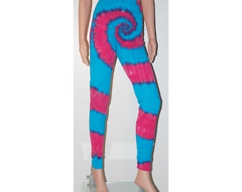 Tie Dye Cotton Leggings: Hot Pink Turquoise Spiral - Adult Sizes