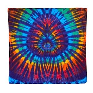 May include: A colorful tie-dye bandana with a circular pattern in shades of blue, orange, yellow, red, and purple.
