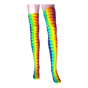 Tie Dye Thigh High Socks | Psychedelic Neon Rainbow DNA Honeycomb | Cozy Leg Warmers | Sexy Dancer | Colorful Festival Costume