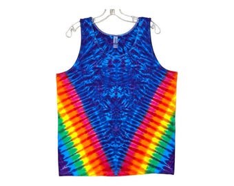 Camiseta regata tie-dye psicodélica lápis e arco-íris pinwheel V Blotter masculina tye dye regata tamanho p médio lg xl 2X 3X arte hippie boho feita à mão T/T