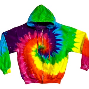 Tie Dye Zip Hoodie Neon Rainbow Spiral Swirl art Psychedelic Zipper hooded pullover Sweatshirt Adult small medium large XL 2X 3X hand dyed