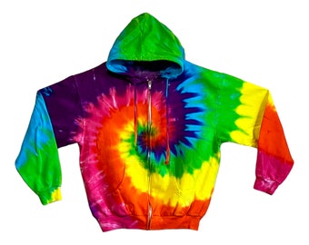 Tie Dye Zip Hoodie Neon Rainbow Spiral Swirl art Psychedelic Zipper hooded  pullover Sweatshirt Adult small medium large XL 2X 3X hand dyed