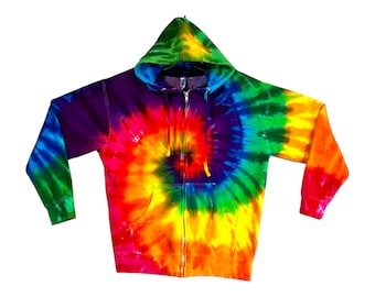 Sudadera con capucha y cremallera con efecto tie-dye, espiral psicodélica de arcoíris, hecha a mano, talla pequeña, mediana y grande, XL, 2X, 3X, teñida a mano