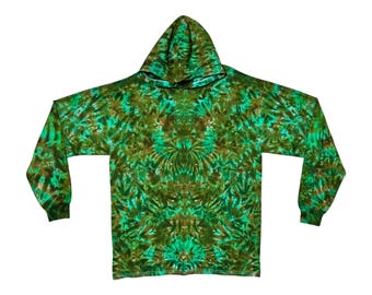 Camisa con capucha y efecto tie-dye / Camiseta ligera de manga larga con capucha / Secante psicodélico verde jungla / Hecha a mano / Talla pequeña, mediana, grande, XL, 2X, 3X