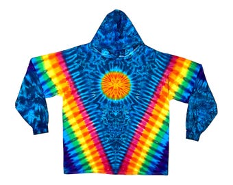 Sweat à capuche tie-dye | -shirt à capuche à manches longues | buvard psychédélique bleu lune soleil V arc-en-ciel | Fait main | petite moyenne grande XL 2X 3X