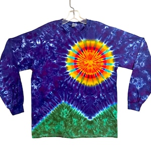 Tie Dye Shirt | Rainbow Sun Mountains | Long Sleeve Handmade T-Shirt | small medium large XL 2X 3X 4X 5X 6X | Psychedelic Circus