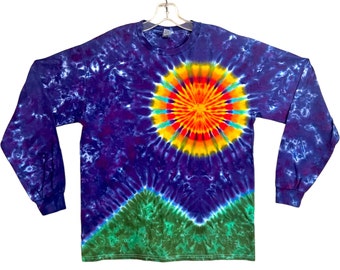 Tie Dye Shirt Rainbow Sun Mountains Long Sleeve handmade Adult T-Shirt small medium large XL 2X 3X 4X 5X L/S Psychedelic handmade art