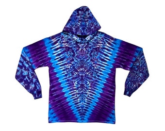 Tie Dye Felpa con cappuccio Camicia Psychedelic Gemmy V Blu Viola Blotter Scrunch Con cappuccio Manica lunga fatta a mano T-shirt per adulti piccola media grande XL 2X 3X