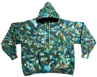Tie Dye Hoodie Blue Green Mossy Blotter Scrunch Psychedelic Hooded pullover Sweatshirt Adult small medium large XL 2X 3X 4X 5X hand dyed