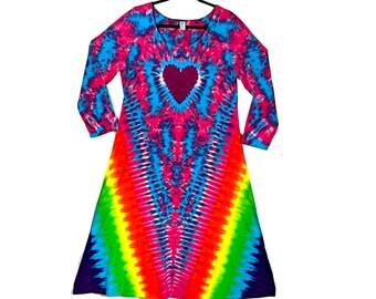 Tie Dye Abito Donna Manica Lunga Psichedelico Neon Arcobaleno V Cuore fatto a mano arte hippie Midi Maxi sm med lg xl 2X 3X tye dye boho chic amore