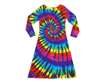 TIE DYE Dress | Women's Long Sleeve | Neon Rainbow Spiral | Midi Maxi Dress | Hand Dyed | Colorful Clothing