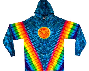 Tie Dye Felpa con cappuccio Camicia Manica lunga Arcobaleno psichedelico Sole V Blu Luna Blotter T-shirt per adulti fatta a mano con cappuccio piccolo medio grande XL 2X 3X arte