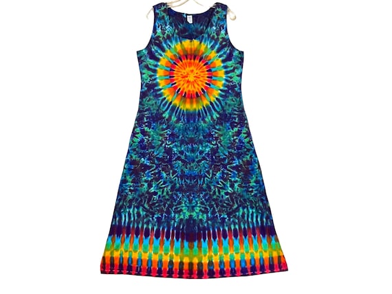 Rainbow Sun Tie Dye Dress | Psychedelic Tank Top Sundress | Handmade Clothing | Hand Dyed Fabric