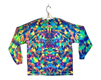 May include: A long-sleeved shirt with a tie-dye pattern in shades of blue, green, yellow, orange, pink, and purple.