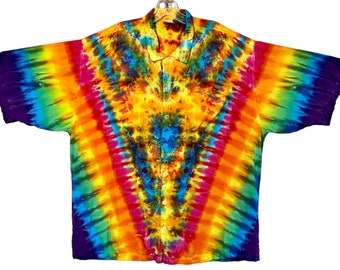 Tie Dye Button Down Dress Shirt Psychedelic Rainbow Pinwheel Blotter V art Small Medium Large XL 2X island beach Maui Hawaiian handmade