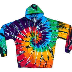 Tie Dye Zip Hoodie | 3X | Psychedelic Classic Rainbow with Black Spiral | Handmade | Zipper hooded Sweatshirt | XXXL