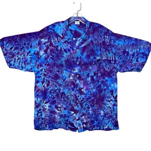 Tie Dye Button Down Dress Shirt Purple Blue Gemmy Blotter Scrunch art Small Medium Large XL 2X island beach handmade hand dyed