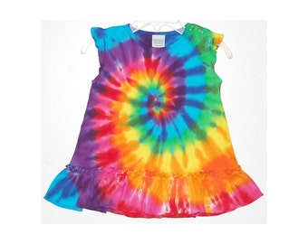 TIE DYE Robe bébé Arc-en-ciel Pinwheel Spiral Swirl Robe à volants de fille Tailles infantiles 3 6 12 18 24 mois fait main Cadeau de douche d’amourPsychédélique